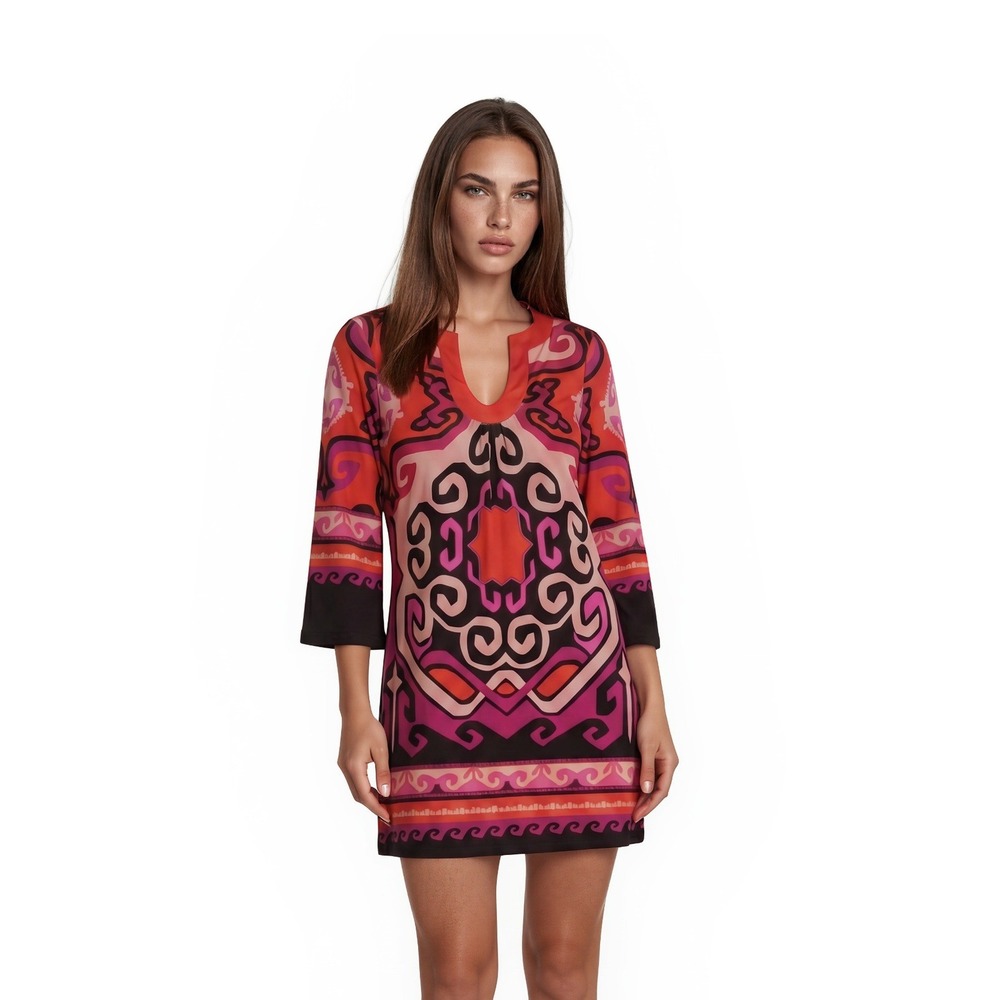 Aryeh Shift Dress Womens‎ Size Medium Pink Orange Geometric Bell Sleeve